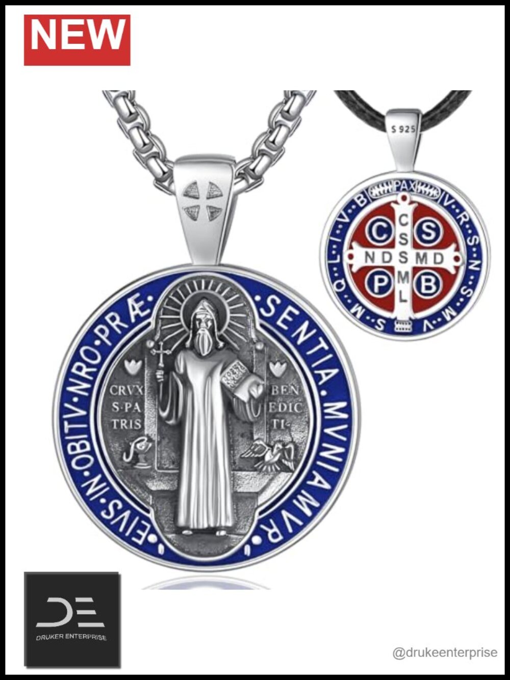 EUDORA 925 Sterling Silver Saint Benedict Medal Pendant Necklace